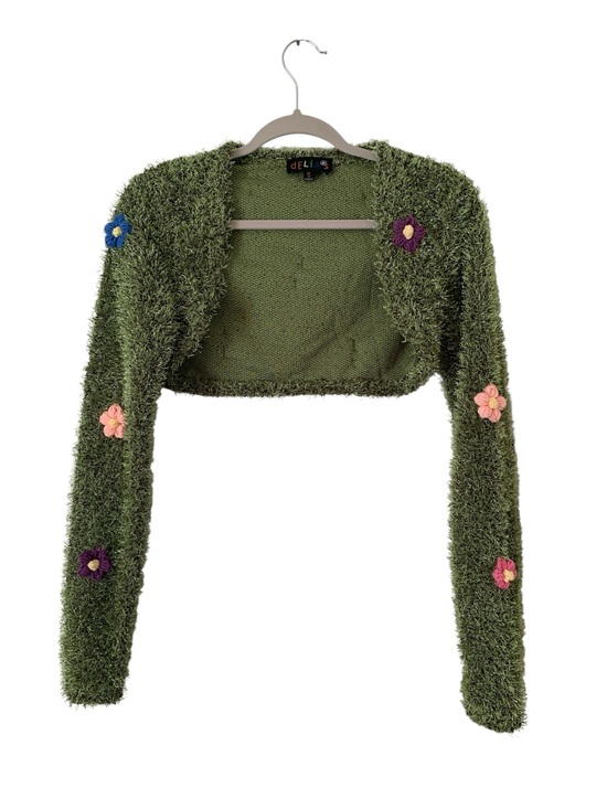 dELiA*s Sweaters - dELiA*s Dollskill Shaggy Fuzzy Moss Green Crop Shrug Bolero Floral Cardigan S